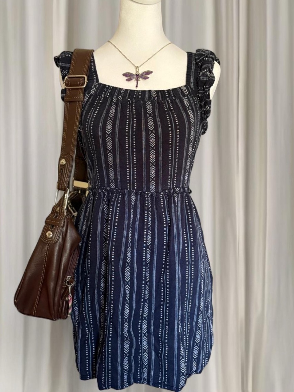Navy blue babydoll linen blend summer mini dress